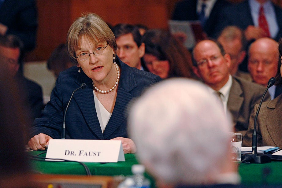 Calling on Congress to repair the “broken pipeline” through which breakthroughs in the biomedical sciences should flow, President Faust testifies before members of the Senate Committee on Health, Education, Labor and Pensions, including Sen. Edward M. Kennedy (foreground), in March 2008. Faust has been a strong advocate for policies and funding that support science and research, arts and humanities, and immigration legislation like the DREAM Act. Jon Chase/Harvard Staff Photographer