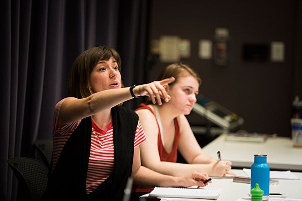 In just two years, the Theater, Dance & Media Department (TDM) has seen extensive growth in concentrators and output. During rehearsal for "Far Away," TDM's latest theater production, Director Annie Tippe (left) and Assistant Director Sarah Grammar '18 give direction to actors.