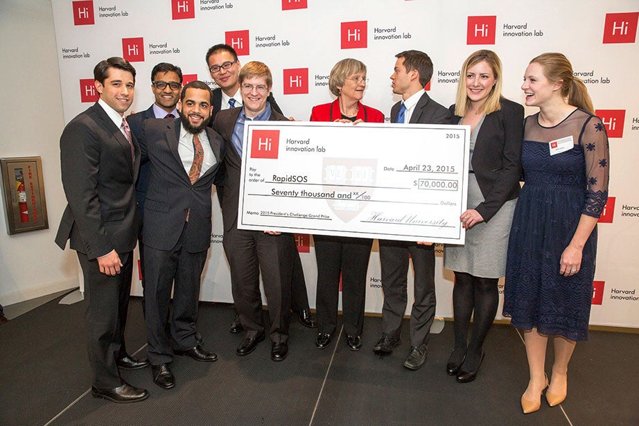 President Faust awards the winners of the President’s Innovation Challenge, RapidSOS, in 2015. The President’s Innovation Challenge presents Harvard students with an opportunity to engage with and work to address issues facing the world in areas such as education, health, energy, and the environment. Since it was established in 2012, the President’s Challenge has awarded $1.94 million to 58 winners who have gone on to raise $97 million to further advance their efforts. Jon Chase/Harvard Staff Photographer