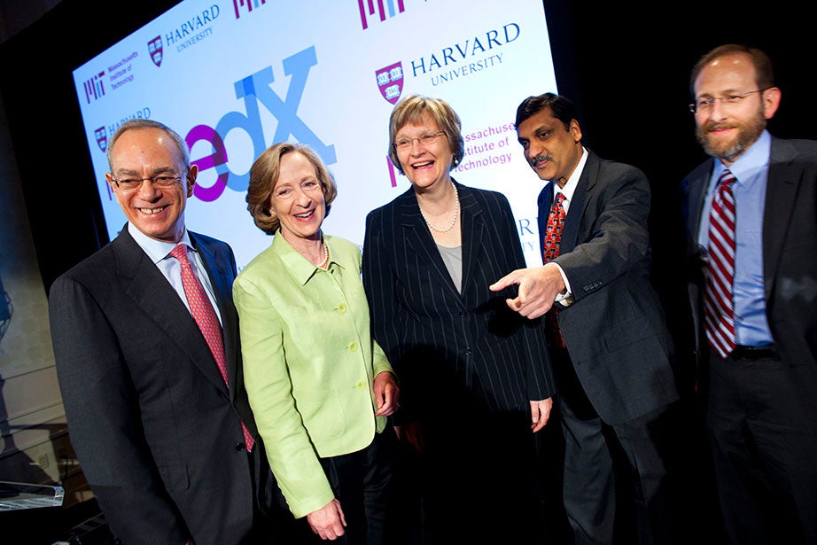 Then-MIT Provost Rafael Reif (left), then-MIT President Susan Hockfield, President Faust, MIT Professor Anant Agarwal, and Harvard Provost Alan Garber announce the launch of edX in May 2012. Stephanie Mitchell/Harvard Staff Photographer