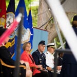 Harvard President Drew Faust (left) and Gen. John  Hyten at the ROTC Commissioning Ceremony. "You are receiving your commissions at a moment of extraordinary challenge for our society and the wider world,” Faust told the graduates during the ceremony in Tercentenary Theatre. 