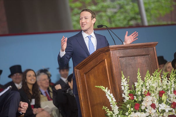 "I'm here to tell you finding your purpose isn't enough. The challenge for our generation is creating a world where everyone has a sense of purpose," said Mark Zuckerberg, who was the principal speaker at Harvard's 366th Commencement on May 25.