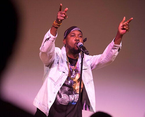 Rapper Tef Poe, 2016-2017  American Democracy Project Fellow at the Charles Warren Center, headlined a free concert at the Ed Portal, featuring poets and musicians from Boston and Poe's native St. Louis as well as a full performance of his latest album "Black Julian."