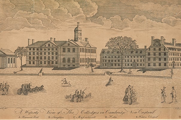 Harvard Art Museums' new exhibit “The Philosophy Chamber" is a recreation of the eponymous room located in Harvard Hall between 1766 and 1820.  Paul Revere's engraving "A Westerly View of the Colledges in Cambridge, New England” (c. 1767) depicts Harvard in the late Colonial Era. Harvard Hall is the large building with the cupola.