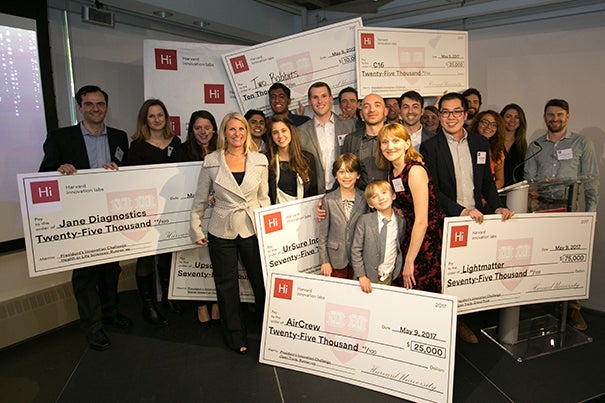 Jodi Goldstein (white jacket), managing director of the Harvard Innovation Labs, poses with all of the 2017 President’s Innovation Challenge winners.