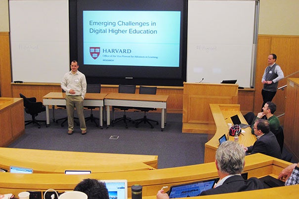 With the increased movement in the digital learning space, “there is a need to bring people together to talk about genuine challenges in our collective work,” said Dustin Tingley, VPAL Research faculty director and professor of government, at Harvard’s “Emerging Challenges in Digital Higher Education” conference. Conference organizer Daniel Seaton (right) said the conference focus was around “infrequently discussed issues.” 