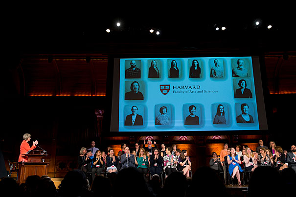 Harvard President Drew Faust (left) applauds the 2017 Harvard Heroes during the sixth annual awards ceremony which celebrates University staff who have shown extraordinary dedication to the University over the past academic year.