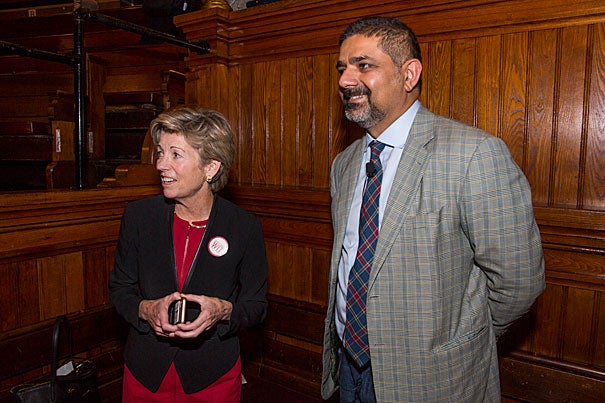 Harvard CIO Anne Margulies chats with Karim R. Lakhani, professor of business administration at the Business School, before his afternoon keynote address at the annual IT Summit.