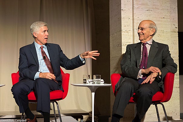 At the Harvard Marshall Forum dinner, Associate Justices of the Supreme Court Neil M. Gorsuch, J.D. '91 (left), and Stephen Breyer, J.D. '64 stressed the importance of respect for the rule of law and the “sense that judges can safely decide the law without fear of reprisal.”