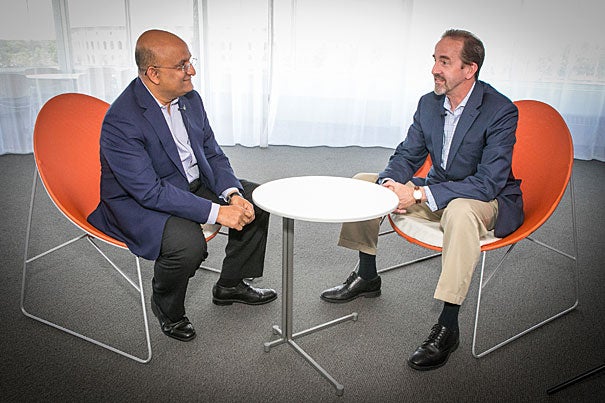 Nitin Noria (left) and Frank Doyle, respective deans of HBS and SEAS, discuss the new joint MS/MBA program aimed at shaping leadership in tech, which will launch in August 2018. 