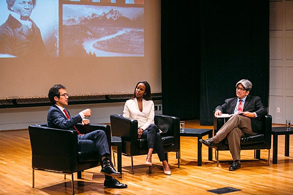 Harvard Professor Archon Fung (from left), Assistant Professor Sarah Lewis ’01, speak with Erik Takeshita, M.P.A. '06, at the Your Harvard: Twin Cities event. The theme: “The Art of Change."