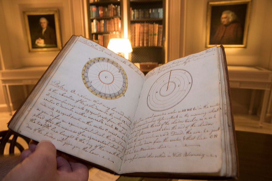 This diagram of how “to make a portable moon dial” is found in a mathematics notebook compiled by Harvard undergraduate Joshua Green in 1782. Collection of Houghton Library.
