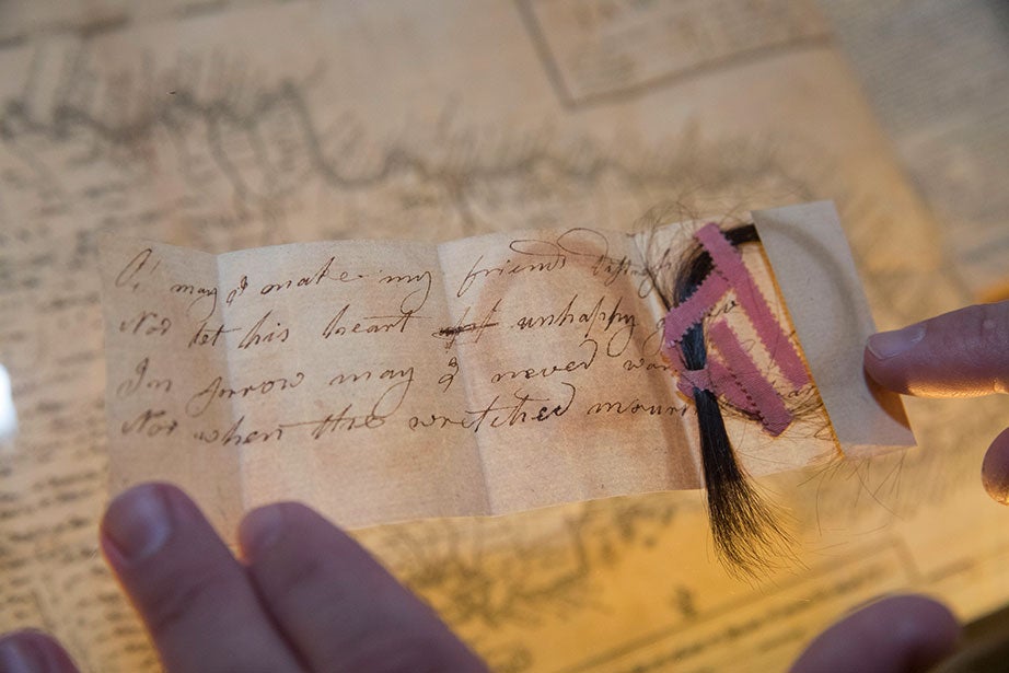 Elizabeth Lincoln sent this lock of hair to Samuel Norton, ca. 1780, with the final lines of “The Friend” by Anne Steele: “Oh may I make my friend’s distress my own — Nor let my heart unhappy grieve alone — In sorrow let me never want a friend — Nor when the wretched mourn a tear to lend.” Collection of Houghton Library.
