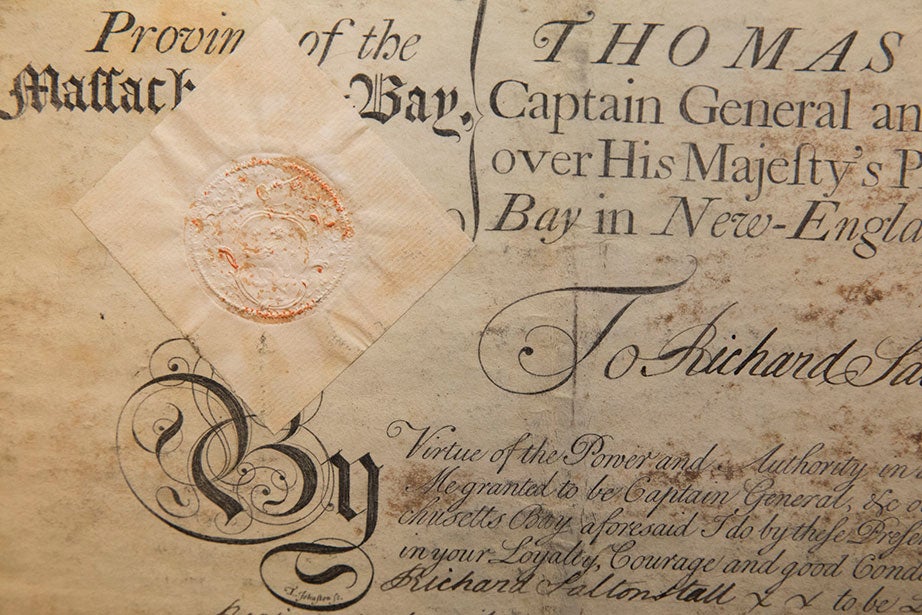 Official seals and calligraphy decorate Richard Saltonstall’s commission as a lieutenant colonel in the Provincial Army of Massachusetts. The commission was issued by Gov. Thomas Pownall on March 5, 1760. 
Harvard University Archives.