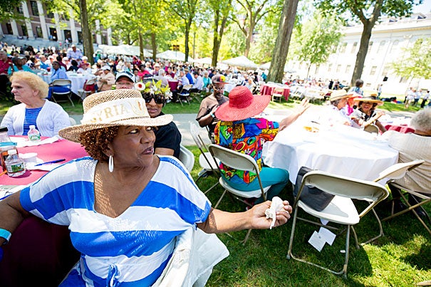 Shirley Johnson, of Cambridge, sports a hat at the Cambridge Senior Luncheon held annually in Harvard Yard.