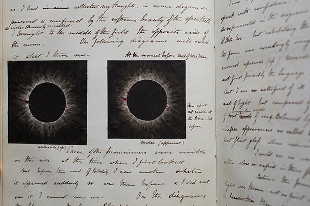 The Wolbach Library is putting together an exhibition of Harvard's observations of eclipses since the 19th century, including the papers (pictured) of George Phillips Bond, Harvard Observatory director from 1859 to 1865. 
