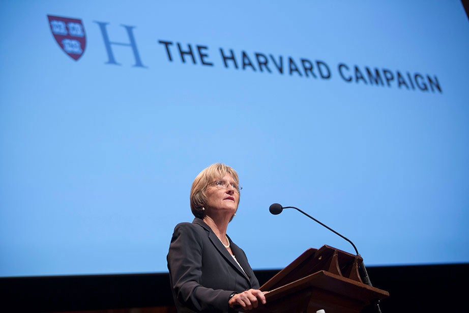 Harvard President Drew Faust speaks during The Harvard Campaign launch inside Sanders Theatre.