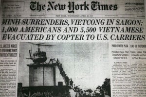 The front page of the New York Times from April 30, 1975, captured the evacuation of Saigon.
