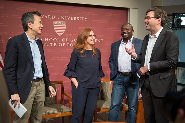 Moderator Greg Ip (from left) chats with panelists Francesca Rossi, Wilson White, and Jason Furman following "Will You Still Have a Job When the Robots Arrive?" The answer? Yes, but probably not the one you have now.