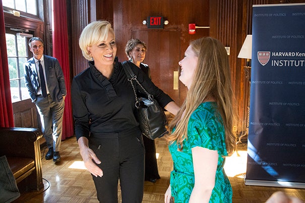 MSNBC "Morning Joe" co-host Mika Brzezinski, visiting fall fellow at IOP, speaks with student Emily Hall '18 