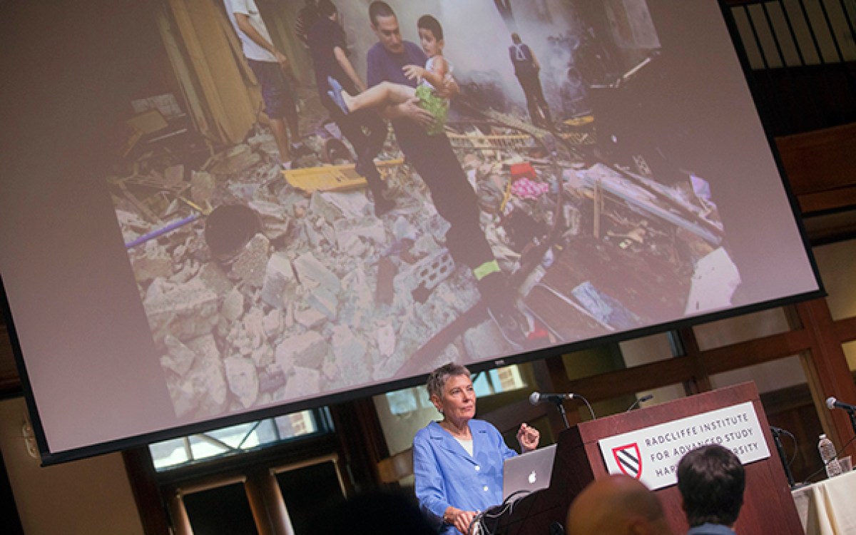 Jennifer Leaning delivers the keynote address during the Harvard Global Health Institute symposium on Climate Change, Migration and Health, inside the Knafel Center (Radcliffe Gym).