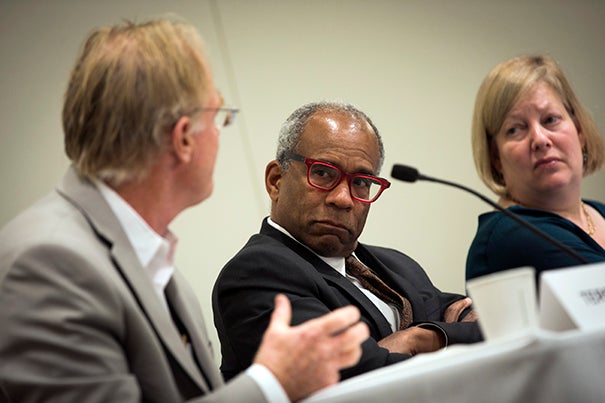 William W. Fisher (from left), Randall Kennedy, and Carol Steiker speak during a panel discussion on Thurgood Marshall.