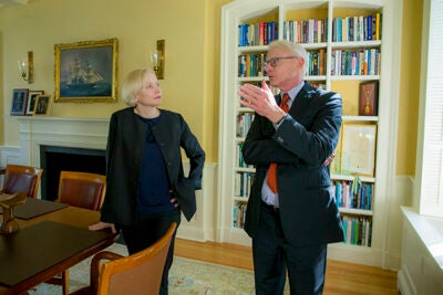 Harvard University Business School professor, Michael Porter and co-author Katherine Gehl, (left)