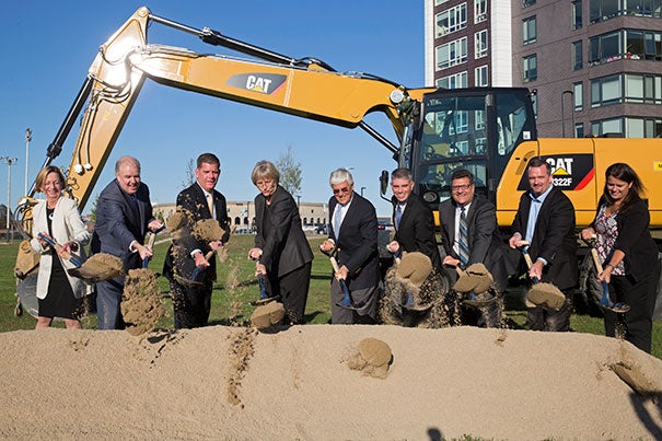 The groundbreaking ceremony at Smith Field included Executive Vice President Katie Lapp (from left), Rep. Brian Honan, Boston Mayor Martin J. Walsh, President Drew Faust, Gen. George Casey Jr., Brian Golden, City Councilor Mark Ciommo, Rep. Michael Moran, and City Councilor Annissa Essaibi George. 