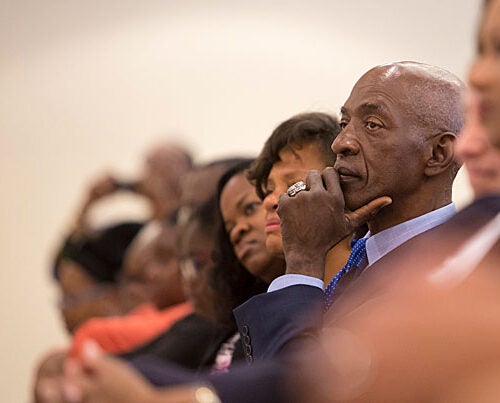 Renowned lawyer and HLS professor Charles J. Ogletree Jr., listens during a symposium celebrating his accomplishments, including the announcement of a professorship in his honor.