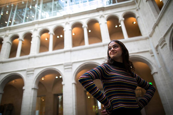 Visitors at the Harvard Art Museums provide inspiration for Lily Calcagnini '18, who has added fashion to her concentration of history and literature.