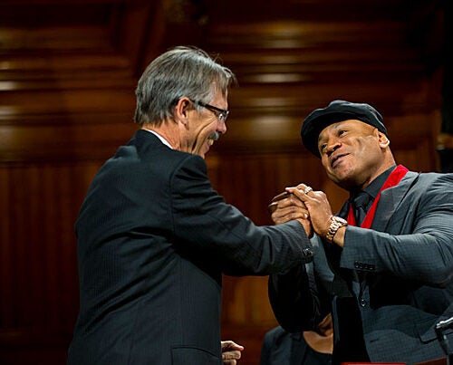 Glenn Hutchins congratulates honoree LL Cool J at the fifth annual Hutchins Center Honors. “Stay strong,” said LL Cool J. “Fear not. Stay faith-filled. Better days are coming.” 