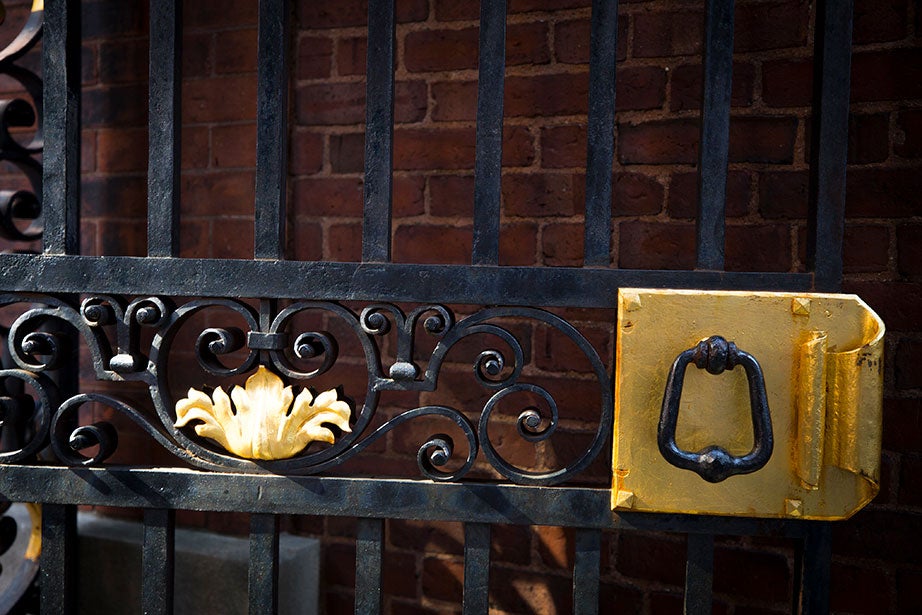 Gold ornaments glimmer on a shiny black gate.