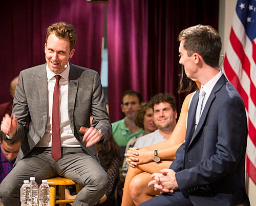 Jordan Klepper of Comedy Central's "The Opposition" discusses satire with Jesse Shelburne and Sharon Yang, president and vice president of the IOP's Student Advisory Committee.