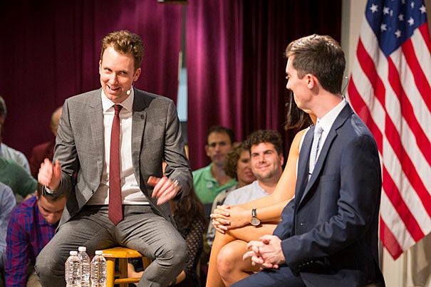 Jordan Klepper of Comedy Central's "The Opposition" discusses satire with Jesse Shelburne and Sharon Yang, president and vice president of the IOP's Student Advisory Committee.