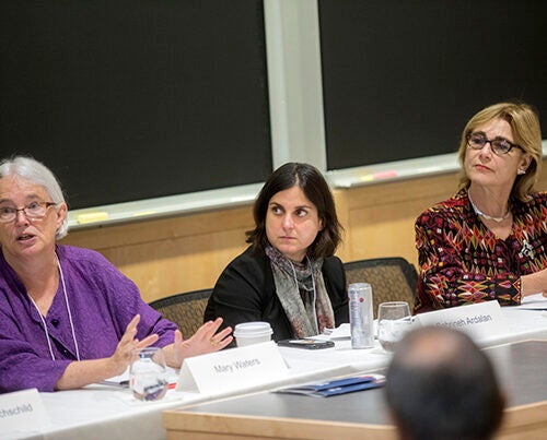 A symposium at the Harvard Global Institute examined the ethical, legal, social, cultural, and economic implications of migration. Panelists  pictured include Harvard professors Mary Waters (from left), Sabrineh Ardalan, and Jacqueline Bhabha.