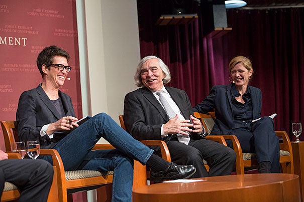 MSNBC host Rachel Maddow (left) moderated a panel of former Obama cabinet members, including Ernest Moniz and Samantha Power, to discuss national security issues under Trump.

