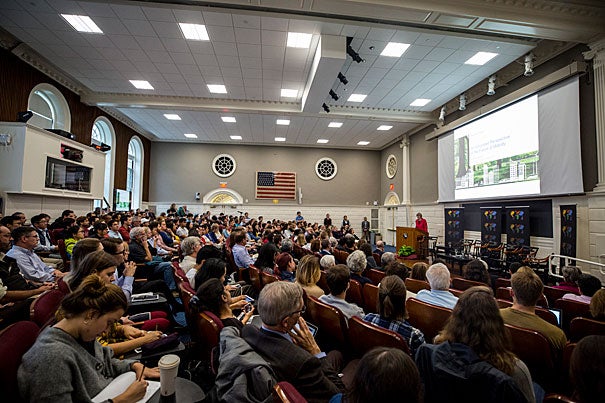 Harvard president, Drew Faust opened a discussion on the future of cities held at the Harvard Graduate School of Education. Rose Lincoln/Harvard Staff Photographer