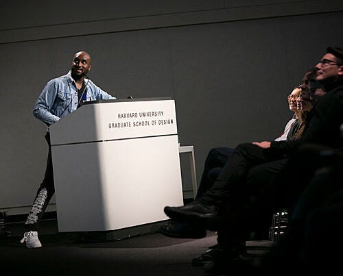 American creative designer, DJ, and founder of Off-White Virgil Abloh (left) delivers his lecture “Insert Complex Title Here,” encouraging the audience to find their own creative voices. 