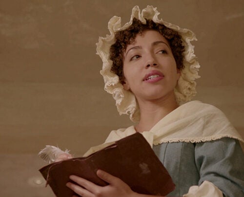 Harvard sophomore Ashley LaLonde portrays poet Phillis Wheatley in the film "No More, America," directed by Peter Galison and Henry Louis Gates Jr.