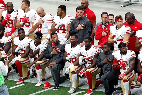 Dozens of players and staff across the NFL have knelt during the national anthem for the last few weeks in solidarity with former San Francisco 49er Colin Kaepernick (not pictured).