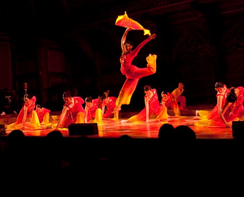 The Asian American Dance Troupe perform during the annual Cultural Rhythms event at Harvard University in Sanders Theatre.