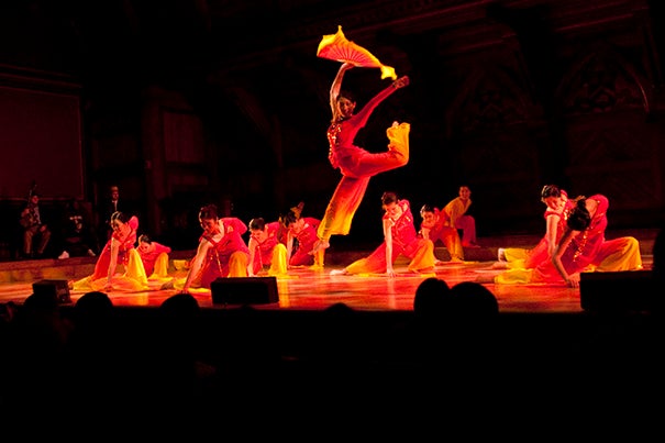 The Asian American Dance Troupe perform during the annual Cultural Rhythms event at Harvard University in Sanders Theatre.