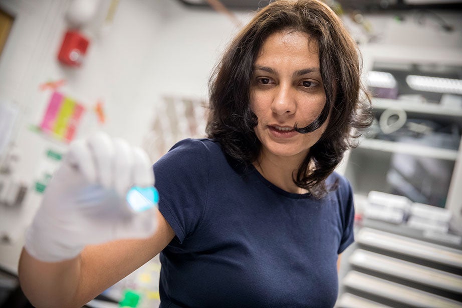 Shima Parsa works with a UV-visible spectrometer. The Weitz Lab is active in the Office for Sustainability’s Shut the Sash Competition, which aims to reduce the energy consumption of fume hoods.