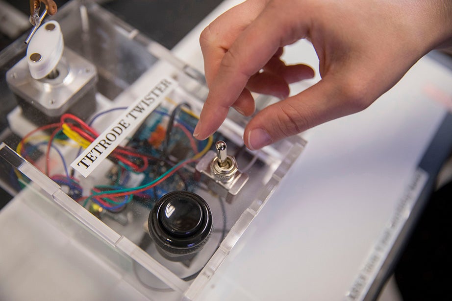A tetrode twister is used in the Murthy Lab by researchers studying the neural and algorithmic bases of odor-guided behaviors in animals. The lab won a recent energy-saving competition by shutting the sash on fume hoods when not in use.