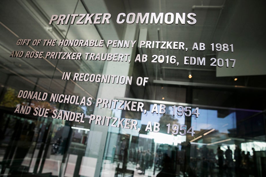 A sign marks the entrance to Pritzker Commons. Stephanie Mitchell/Harvard Staff Photographer