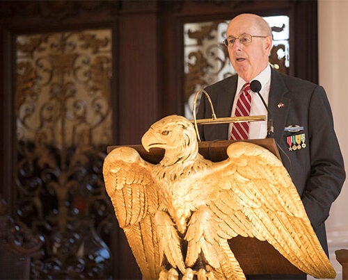During the Veterans Day ceremony at the Memorial Church on Saturday, U.S. Army veteran Thomas Reardon '68 announced Harvard's partnership with the Service to School's VetLink program.