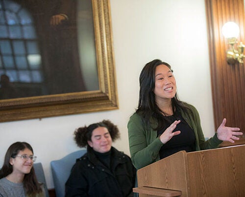 Priscilla Chan '07 met with PBHA students to announce a $12.1 million grant to support public service opportunities for undergraduates.