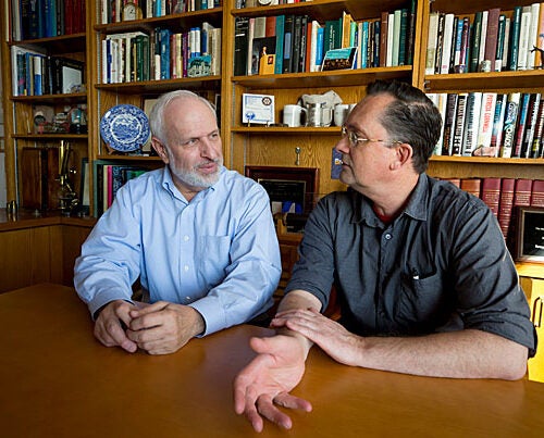 Harvard University McLean researchers Bruce Cohen, left, and Kai Sonntag have found an energy dysfunction in the cells of late-onset Alzheimer's patients, a possible additional explanation of the disease's hallmark dementia.