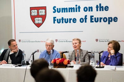 At the Summit on the Future of Europe, panelists Rawi Abdelal (left), Timothy J. Colton, Lilia Shevtsova, and Angela Stent discuss the hurdles awaiting a recovering European economy.
