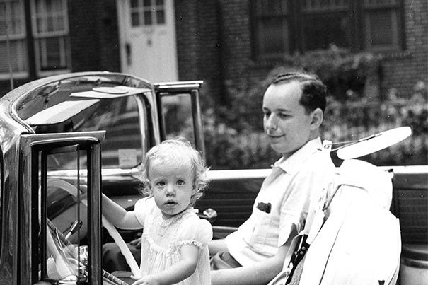 Susan Faludi in her father’s car in New York City, early 1960s. Faludi, who wrote about her gender-transitioned father, is among the panelists at the Schlesinger Library's “Hidden in Plain Sight: Family Secrets and American History.” 